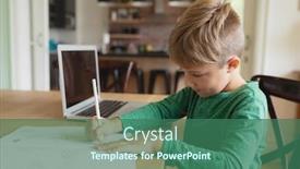  Presentation with dining table - Slides having side view of cute caucasian boy doing homework at dining table in a comfortable home background and a ocean colored foreground