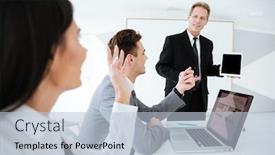  Presentation with elderly - Beautiful slides featuring side view of elderly business man showing blank tablet computer screen to his colleagues which sitting by the table backdrop and a light blue colored foreground