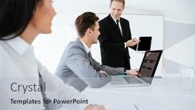  Presentation with elderly - Audience pleasing theme consisting of side view of elderly smiling business man showing blank tablet computer screen to his colleagues on conference backdrop and a light gray colored foreground