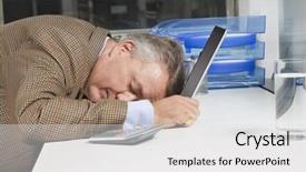  Presentation with head - Presentation having side view of exhausted businessman with head on laptop in office background and a light gray colored foreground