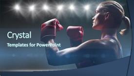  Presentation with landscape desert - PPT layouts consisting of side view of female boxer with fighting stance against desert landscape background and a ocean colored foreground