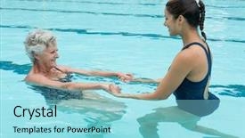  Presentation with pool side - Audience pleasing presentation design consisting of side view of female coach helping senior woman in swimming pool backdrop and a arctic colored foreground