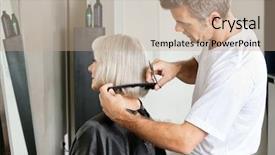  Presentation with hair salon - Beautiful slide set featuring side view of hairdresser examining hair length of female client at salon backdrop and a coral colored foreground
