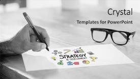  Presentation with doodle - Audience pleasing PPT layouts consisting of side view of hand writing on white page on working desk against strategy and development doodle backdrop and a light gray colored foreground