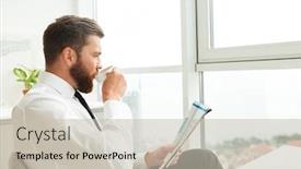  Presentation with journal - Colorful PPT theme enhanced with side view of handsome bearded man in business clothes reading journal and drinking coffee by the table on kitchen backdrop and a soft green colored foreground