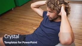  Presentation with abdominal - PPT theme having side view of handsome young man doing abdominal crunches on fitness ball in gym background and a tawny brown colored foreground