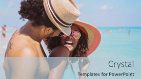  Presentation with ethnic - Colorful presentation design enhanced with side view of happy young laughing ethnic man and woman standing together on sandy coast at the seaside backdrop and a light blue colored foreground