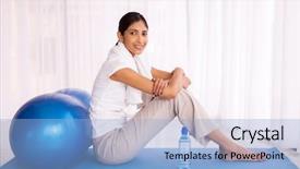  Presentation with exercise mat - Slide deck enhanced with side view of indian girl sitting on mat after exercise at home background and a light blue colored foreground