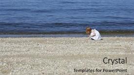  Presentation with shells - Colorful PPT theme enhanced with side view of little girl collecting shells on beach backdrop and a light gray colored foreground