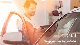  Presentation with maintenance - PPT layouts featuring side view of male maintenance engineer holding tablet pc while examining car in workshop background and a coral colored foreground