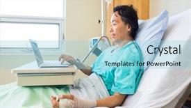  Presentation with hospital bed - Cool new slide deck with side view of mature male patient with crepe bandage on hand using laptop on bed in hospital backdrop and a light blue colored foreground