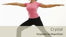  Presentation with warrior woman - Theme enhanced with side view of mid adult multiethnic woman wearing exercise clothing standing in yoga warrior pose background and a soft green colored foreground