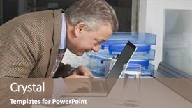  Presentation with aged - Colorful slides enhanced with side view of middle-aged businessman using laptop at desk in office backdrop and a violet colored foreground