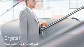 Presentation with railroad - Theme enhanced with side view of middle aged businessman with coffee cup walking up stairs in railroad station background and a gray colored foreground