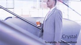  Presentation with railroad - Cool new PPT theme with side view of middle aged businessman with coffee cup walking up stairs in railroad station backdrop and a light blue colored foreground