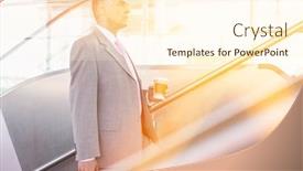  Presentation with railroad - Beautiful presentation featuring side view of middle aged businessman with coffee cup walking up stairs in railroad station backdrop and a cream colored foreground