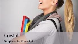  Presentation with holding hands - PPT theme consisting of side view of nice blond student girl wearing glasses and laughing in the studio holding in hands folders and bag isolated on gray background background and a light gray colored foreground