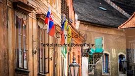  Presentation with architecture old - Beautiful slide deck featuring side view of old building's architecture with nathional czech flags in cesky krumlov backdrop and a coral colored foreground