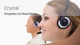  Presentation with healthy workplace full length side view - Slide set with side view of operators using headsets against a white background background and a white colored foreground