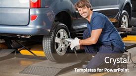  Presentation with mechanic shop - Slide set enhanced with side view of portrait confident male mechanic fixing car tire at auto repair shop background and a violet colored foreground