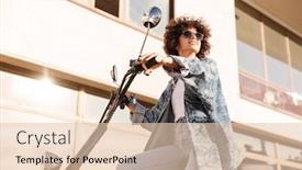  Presentation with motorbike - Presentation theme with side view of pretty smiling woman in sunglasses sitting on modern motorbike outdoors and looking away background and a lemonade colored foreground