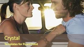  Presentation with campervan - Audience pleasing slides consisting of side view of romantic young couple looking at each other in campervan backdrop and a tawny brown colored foreground