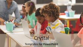  Presentation with school kids - Amazing PPT theme having side view of school kids backdrop and a mint green colored foreground