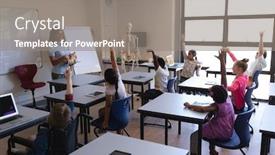  Presentation with school desk - Audience pleasing slide deck consisting of side-view-of-schoolkids-raising backdrop and a gray colored foreground