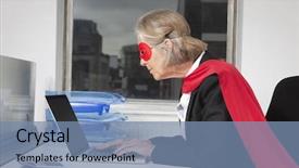  Presentation with superhero businesswoman - Slide set featuring side view of senior businesswoman in superhero costume using laptop at office desk background and a seafoam green colored foreground