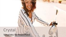  Presentation with motorbike - PPT theme consisting of side view of smiling african woman sitting on modern motorbike outdoors and looking at the camera background and a lemonade colored foreground