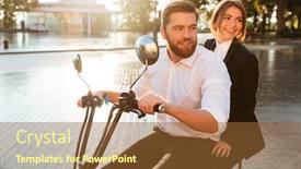  Presentation with motorbike - Audience pleasing presentation consisting of side view of smiling business couple rides on modern motorbike in park and looking away backdrop and a tawny brown colored foreground