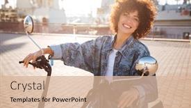  Presentation with motorbike - Audience pleasing slide deck consisting of side view of smiling curly woman sitting on modern motorbike outdoors and looking at the camera backdrop and a coral colored foreground