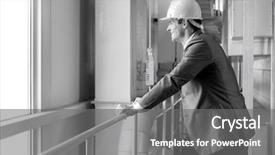  Presentation with railing - Amazing slides having side view of smiling male architect leaning on railing in industry backdrop and a gray colored foreground