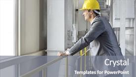  Presentation with railing - Slide deck enhanced with side view of smiling male architect leaning on railing in industry background and a gray colored foreground