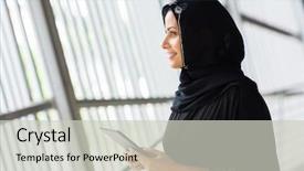  Presentation with woman muslim - Audience pleasing slide set consisting of side view of smiling muslim backdrop and a light gray colored foreground