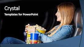  Presentation with movie theater - Colorful theme enhanced with side view of smiling woman holding snacks while watching movie at cinema theater backdrop and a black colored foreground
