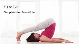  Presentation with sporty - Theme with side view of sporty caucasian woman lying on back with arms at sides palms down practicing halasana plow pose on the mat in the gym background and a white colored foreground