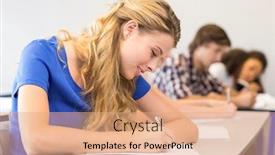  Presentation with writing-notes - Amazing PPT layouts having side-view-of-students-writing backdrop and a coral colored foreground