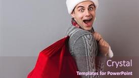  Presentation with christmas presents - Audience pleasing theme consisting of side view of surprised man in sweater and christmas hat holding bag with presents and looking at the camera over gray backdrop and a tawny brown colored foreground