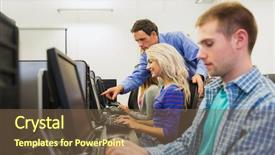  Presentation with computer room - Audience pleasing slide deck consisting of side view of teacher showing something on screen to student in the computer room backdrop and a tawny brown colored foreground