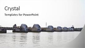  Presentation with language barrier - Amazing PPT layouts having side view of thames barrier backdrop and a  colored foreground