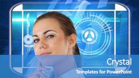  Presentation with upwards - PPT theme featuring side view of thinking young businesswoman against futuristic shiny arrow pointing upwards background and a teal colored foreground
