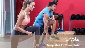  Presentation with athletes - Cool new PPT theme with side view of three muscular athletes doing leg stretchings backdrop and a coral colored foreground