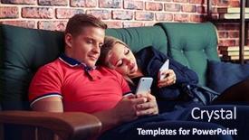  Presentation with mobile phone addiction - Cool new theme with side view of tired couple relaxing on sofa and using mobile phone at home they do not communicating with each other telephone addiction concept backdrop and a navy blue colored foreground