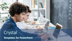  Presentation with front desk - PPT theme featuring side-view-of-two-guys background and a ocean colored foreground