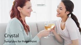  Presentation with toasting - Presentation theme featuring side view of two happy young female friends toasting wine glasses on sofa at home background and a light gray colored foreground