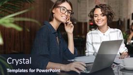  Presentation with managers - Amazing theme having side view of two smiling female managers sitting by the table with laptop computer in co working office backdrop and a wine colored foreground