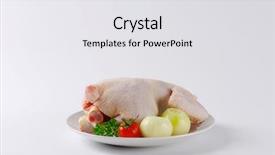  Presentation with chicken - Colorful presentation design enhanced with side view of whole raw chicken with fresh tomato and peeled onion backdrop and a white colored foreground