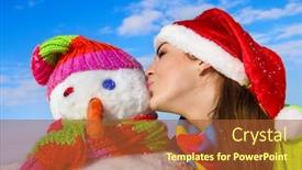  Presentation with snowman - PPT theme with side view of woman kissing snowman outdoor on a warm winter day background and a red colored foreground