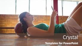  Presentation with basketball court - Beautiful presentation theme featuring side view of woman using digital tablet while lying on floor in basketball court backdrop and a tawny brown colored foreground